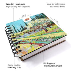 The Crafthives Van Gogh Starry Night Pocket Sketchbook | Wooden Hardcover Mini Art Book | 250 GSM Paper | Spiral Bound Travel Sketch Pad for Watercolour & Mixed Media