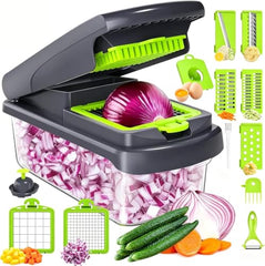 Vegetable Chopper 16 in 1 with Container, Veggie Chopper Food Chopper and Dicer, Onion Chopper Vegetable Cutter with 8 Stainless Steel Blades, Easy Meal Prep Kitchen Tool, Green