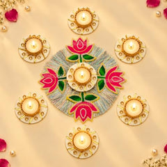 HomeSquare Tealight Holder Rangoli with Artificial Flowers & Tea Lights - Set of 7 Tealight Candle Holders