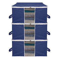 Kuber Industries Non-Woven Underbed Storage Bag|Clothes Storage Organizer|Blanket Cover With Clear Window|Zipper Closure&Handle Cloth Organizer|Plain White Border|Large|Pack Of 6|Royal Blue,32Cm,48Cm