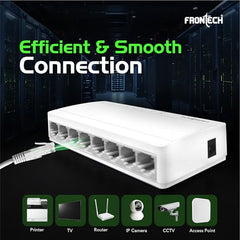 FRONTECH 8 Port Gigabit Ethernet Switch | 10/100/1000Mbps | Plug & Play LAN Hub for Router, Computer, Gaming Console, Printer & IP Camera | Wall Mountable | Hi-Speed Network Switch (NC-0052)