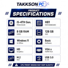 TAKKSON Core i5 Desktop Computer PC | Core i5 4th Gen | 8 GB RAM | 128 GB SSD | HDMI | VGA | Ethernet | HD Graphics | USB 3.0 | Windows 11 Pro & Office