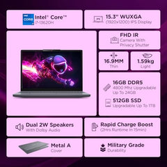 Lenovo IdeaPad Slim 3 Smartchoice 13th Gen Intel Core i7-13620H 15.3 inch (38.8cm) WUXGA IPS Laptop (16GB RAM/512GB SSD/Windows 11/Office 24/Metal A Cover/Backlit Keyboard/Luna Grey/1.6Kg), 83K101JGIN