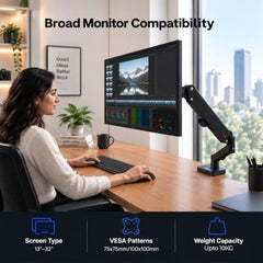 HIFFIN MS16 Monitor Stand, Gas Spring Single Monitor Arm for 32 Inch Screens, 2–10 kg Load Capacity, VESA 75x75 & 100x100 mm, Adjustable Monitor Desk Mount