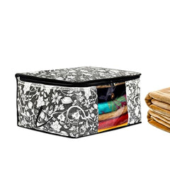 Kuber Industries Flower Print Foldable Woven Underbed Storage Bag|Large Storage Organiser|Blanket Cover with Transparent Window|Size 65 x 45 x 31 CM (Black)-KUBMART16598(Fabric)