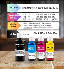 CANOFF GT53Xl for HP Black Pigment Refill Ink Compatible for HP Ink Tank 115, 310, 315, 319, 410, 415, 416, 419, 455, 500, 515, 530, 615, GT 5810, GT 5811, GT 5820 (GT53XL Black 5, 135ml)
