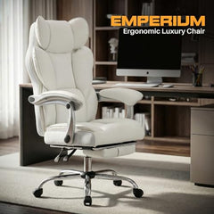 DROGO Emperium Office Chair for Work from Home 400LBS | Ergonomic Executive Boss Chair with PU Leather,High Back, Spacious Cushion Seat & Pumping Lumbar Support | Premium Metal Base & Footrest (White)