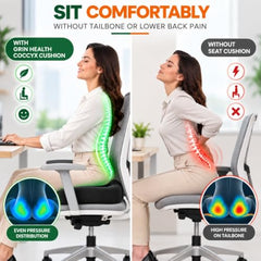 Grin Health Orthopedic Coccyx Seat Cushion | Memory Foam Ergonomic Seat for Tailbone Coccyx Support, Hip, Tailbone, Sciatica & Backpain Relief for Office Chair, Car Seat, Upto 100kg (Black)