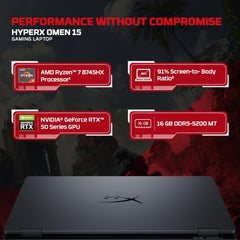 HP Smartchoice HyperX OMEN 15, AMD Ryzen 7 260, 8GB-RTX 5050, 24GB DDR5 (Upgradeable), 1TB SSD, 180Hz, 2.5K, 500 nits, 3ms RT, 15.3''/38.9cm, Win11, Office24, Black, 2.42kg, gb0038AX, AI Gaming Laptop