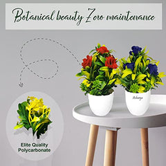 Asharya® Artificial Flower Plants for Home Décor – Set of 4 Mini Potted Plants (7 Inch) in White Pots | Pink, Yellow, Red & Blue Faux Flowers for Living Room, Office, Indoor Outdoor Decoration