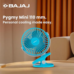 Bajaj Pygmy Mini Fan 110MM | USB Charging | Multi-Clip Function | Rechargeable | 4-Hr Back-up | Silent Operation | Longer Battery Life | Energy Efficient | Portable【White】