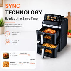 INALSA Double Basket Air Fryer 2800W & 14 L (7L+7L) Large Capacity |Non Toxic,BPA Free|PFOA Food Safety Certified|Cook 2 Full Meals Together|Flip Digital Screen|NutriFry DuoSlim