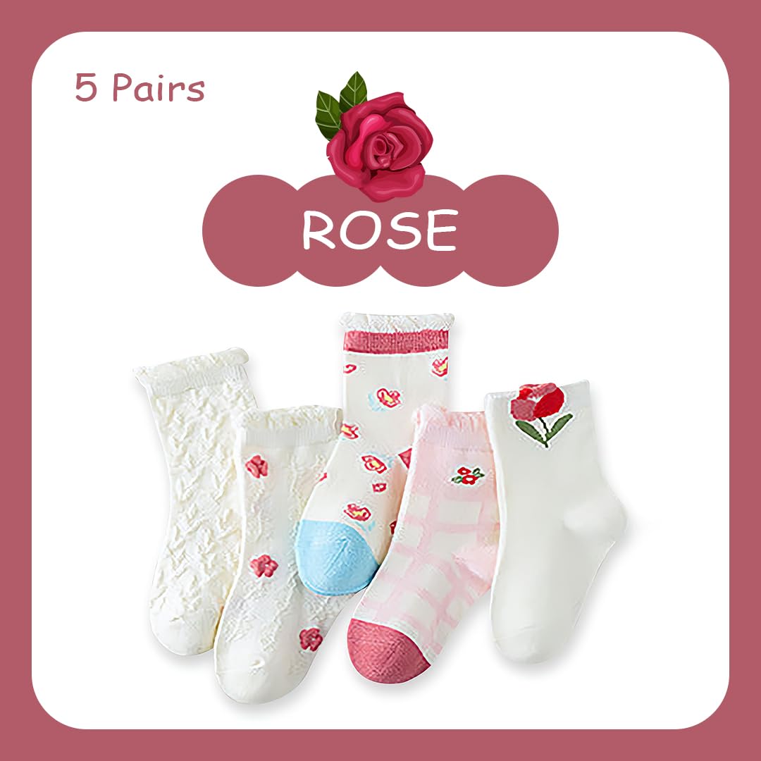 SYGA 5 Pairs Baby Girl Boy Socks, Toddlers Infant Cotton Warm Stretch Crew Socks with Rose Design, Suitable for Ages 18-38 Month baby