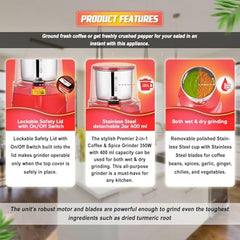 Premier Spice Grinder | 350W Wet & Dry Multifunction Food Grinder | Stainless Steel Herbs, Spices, Nuts, and Coffee Grinder for Home & Office with Detachable Jar