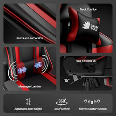 Green Soul Raptor 2.0 Racing Edition Ergonomic Gaming Chair with Premium PU Leather, Adjustable Neck & Lumbar Pillow, 3D Adjustable Armrests & Heavy Duty Nylon Base (Black & Red)
