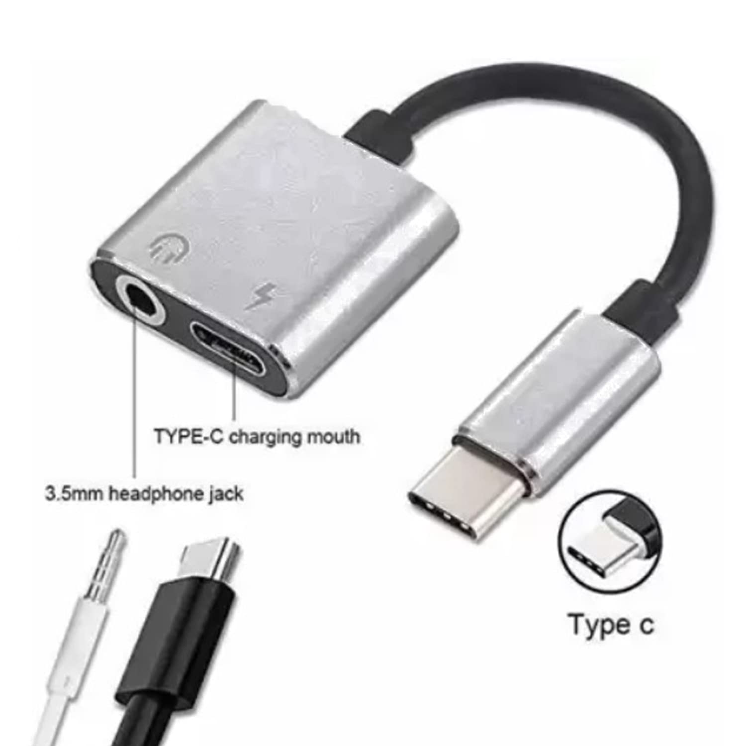 SYGA 2 in 1 Type-C to 3.5mm Headphone Jack Adapter/Connector Charger, Earphone Aux Mobile Phone Audio and Charge Adapter - Black