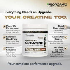 Prorganiq Advanced Creatine Monohydrate + HCL + Nitrate | 3-in-1 Formula | Micronized Powder for Men & Women (250 Grams, Unflavoured)