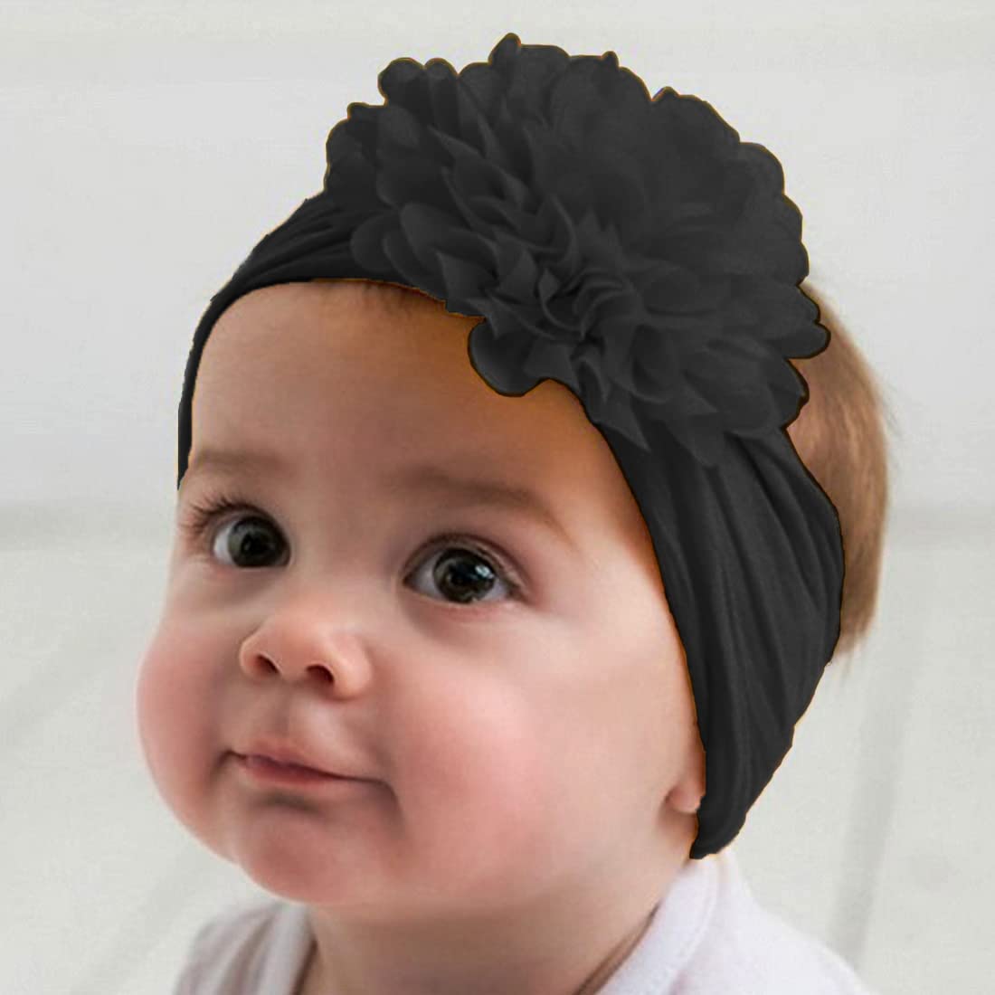 SYGA PACK OF 3 Headbands Nylon Flower Soft Stretchable Hairband for Newborn Infant Toddler Kids For 0-3 Year (MediumPink-Beige Yellow-Turquoise)