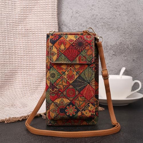 MOMISY Vintage Rangoli Pattern Mobile Phone Crossbody Bag, Canvas with Leather Trim, Multi-Color Floral Design, Universal Smartphone Fit, Bohemian Style