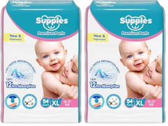 Amazon Brand - Supples Premium Baby Diaper Pants | 108 Baby Diapers | XL | 12-17 Kg | 12 Hrs Absorption | Cushiony Cotton Soft Fabric | Phthalates-Free | Triple Leak Guard | 54 Count, Pack of 2