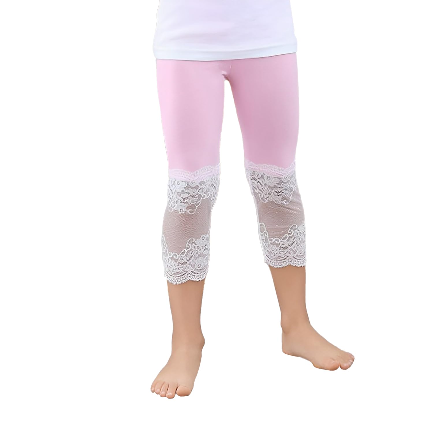 SYGA Girls Capri Leggings Modal Lace Cropped Pants for Your Little Princess Suitable for Age 3-4 Years Old(White)