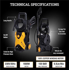 ResQTech Pw-107 1900 Watt 150 Bar High Pressure Washer for Car,Bike and Home - 2 Year Warranty - Foam Cannon - 90 Degree Nozzle - Rotary Turbo Nozzle - 7 M Hose Pipe/10 M Power Cord - Copper Winding