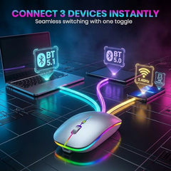Offbeat Dash 2.4GHz Wireless + Bluetooth 5.1 +5.0 Mouse, Multi-Device Tripel Mode Type C Rechargeable Silent Click Buttons Wireless Bluetooth Mouse 3 Adjustable DPI, Works on 3 Devices (Silver)
