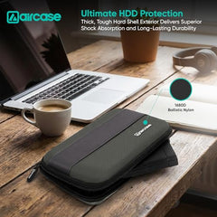 AirCase Hard Disk Cover Case for 2.5 Inch HDD SSD - Ballistic Nylon Rugged Shell, Anti-Press | Felt Lining, Water Resistant | Mesh Pocket for Cable, Charger, Earphone (Black)