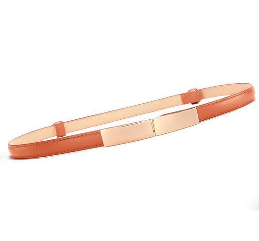 SYGA Women Leather Belt Thin Skinny Metal Gold Elastic Buckle Waistband 22-36 Waist Belt Dress Accessories(Orange)