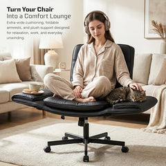 DROGO Zen Atora Ergonomic Criss Cross Legged Office Chair for Work with 5 Gear Armrest & Wide Thick Cushion Seat | PU Leather Computer Chair with Adjustable Height, Recline & Heavy Metal Base (Black)