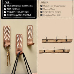 IndianShelf 6 Decorative Wood Adhesive Wall Hooks No Drill - Fork Art | Handmade, Renter Friendly, Waterproof, Reusable, Peel and Sticky Hooks for Keys, Towel, Bags, Light Coat, Jewelry, 10Lb Load