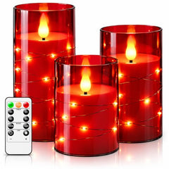 Flameless LED Pillar Candle Set of 2 | Acrylic Fiber Glass | Dancing Faux Wick | Remote Control with Battery Operated 3 AA | Home Décor & Gifting | 3" D x 6" H | Red