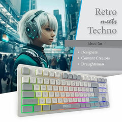 GEONIX Vintage KB4 Retro Style Chiclet Style Keyboard with 87 Keys, Rainbow Backlight, PVC Cable, Durable Body, Compact & Slim Design (White Grey)
