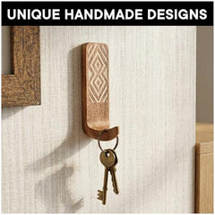 IndianShelf 6 Decorative Wood Adhesive Wall Hooks No Drill - Fork Art | Handmade, Renter Friendly, Waterproof, Reusable, Peel and Sticky Hooks for Keys, Towel, Bags, Light Coat, Jewelry, 10Lb Load