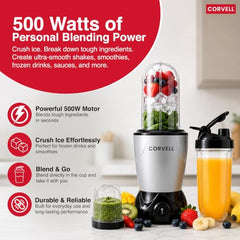 CORVELL Nutri 500W Portable Juicer Mixer Grinder, Silver, 3 Jar | For Smoothies & Shakes, High Capacity Jars with Sipper, For Kitchen, Gym, Travel & Office, 2 Year Warranty