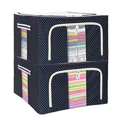 FLYNGO Foldable Steel Frame Clothes Organizer Storage Box For Wardrobe, Saree, Shirts, And Blankets (66 Ltr - Pack Of 2, Oxford Fabric), Blue