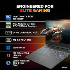 HP Victus, Intel Core 5 210H, 4GB RTX 3050 A (24GB DDR5, 512GB SSD) FHD, 144Hz, 300 nits, IPS, 15.6''/39.6 cm, Win11, M365* Office24, Mica Silver, 2.29kg, fa2500TX, Backlit, Gaming Laptop