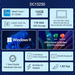 Dell 15, 13th Generation Intel Core i5-1334U Processor, 16GB RAM, 1TB SSD, FHD 15.6"/39.62 cm Display, Windows 11, MSO'24, Silver, 1.62kg, Backlit Keyboard, 15 Month McAfee, Thin & Light Laptop