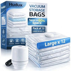 Hudux Pack Of 12 XL (80×120 cm) Vacuum Compression Zipper Storage Bags With Electric Pump, Space Saver Storage Bags For Travel,For Clothes,Bedding,Pillows,Airtight Reusable Vacuum Bags