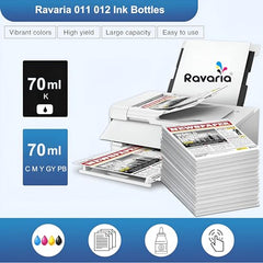 Ravaria 011 & 012 Compatible Refill Ink for Epson L8180 / L8160 Printer Compatible Ink Bottle for Epson 011/012 Ink Code (70 ml x C/M/Y/BK/PB/GY) Ink Bottle (011/012 Ink Set (6 Color))