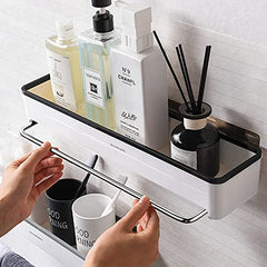 MOMISY Magic Sticker Series Plastic Kitchen and Bathroom Shelf with Towel Napkin Holder (White-Black)