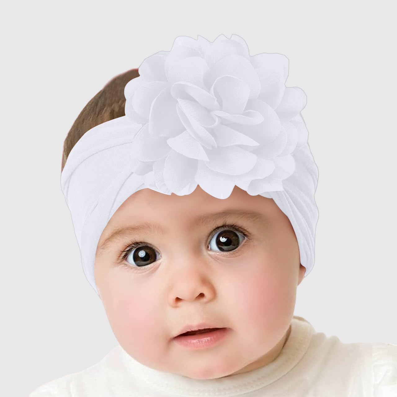 SYGA PACK OF 3 Headbands Nylon Flower Soft Stretchable Hairband for Newborn Infant Toddler Kids For 0-3 Year (MediumPink-Beige Yellow-Turquoise)