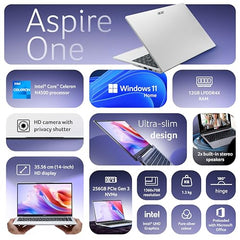 Acer Smartchoice Aspire One, Intel Core Celeron N4500, Office 2024 + M365 Basic, 12GB LPDDR4X / 512GB SSD, 14.0"/35.56cm TN HD Display, Win 11 Home, Pure Silver, 1.3KG, A114-45, Thin and Light Laptop