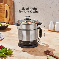 Amazon Basics Multi-Kettle Steamer 1.2L | Adjustable Power Modes 600 W | 7 - Egg Tray, Idli Tray, Iron Grill And Steamer | SS 201 Steel | Automatic Overheat Protection | Multipurpose Kettle