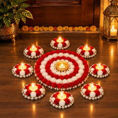 Webelkart Premium Pack of 9 Diwali Decoration Flower Rangoli Diwali Decorative Rangoli with Diya Set, Tea Light Candle Holder Floor Rangoli Festival Decor Home,Deepawali Center 10" and Samll 4" in