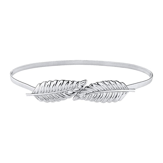 SYGA Women Metal Chain Leaves Buckle Stretchy Skinny Belt, Silver (Fits Waist Size 26-36)