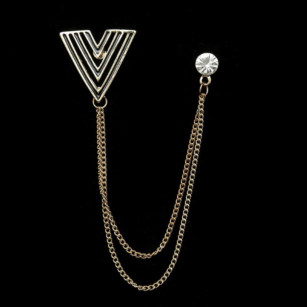 SYGA Men's & Women Suit Shirt Stud Lapel Pin Chain Tassel Brooch Pin with Crystal Chain(Golden big V)