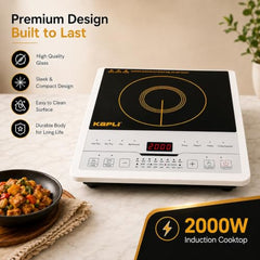 KAPLI 2000 W Induction Cooktop with Touch Panel, 8 Preset Cooking Functions, 4-Digit LED Display, Auto Pan Detection & High-Low Voltage Protection – Black & White