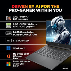 HP Victus, AMD Ryzen 7 260, 8GB RTX 5050 Gaming Laptop,(24GB DDR5,1TB SSD) 144Hz,IPS,300 nits,15.6'(39.6cm) FHD, Win11,M365 Basic(1 year) Office24, Mica Silver, 2.29kg, RGB, Enhanced cooling, fb3185AX