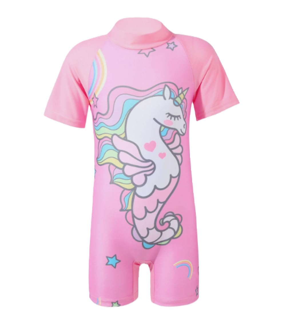 SYGA Children's Swimsuit Short-Sleeve Seahorse Unicorn L Size Perfect for Kids Age 5-6 Years Old (Pink)